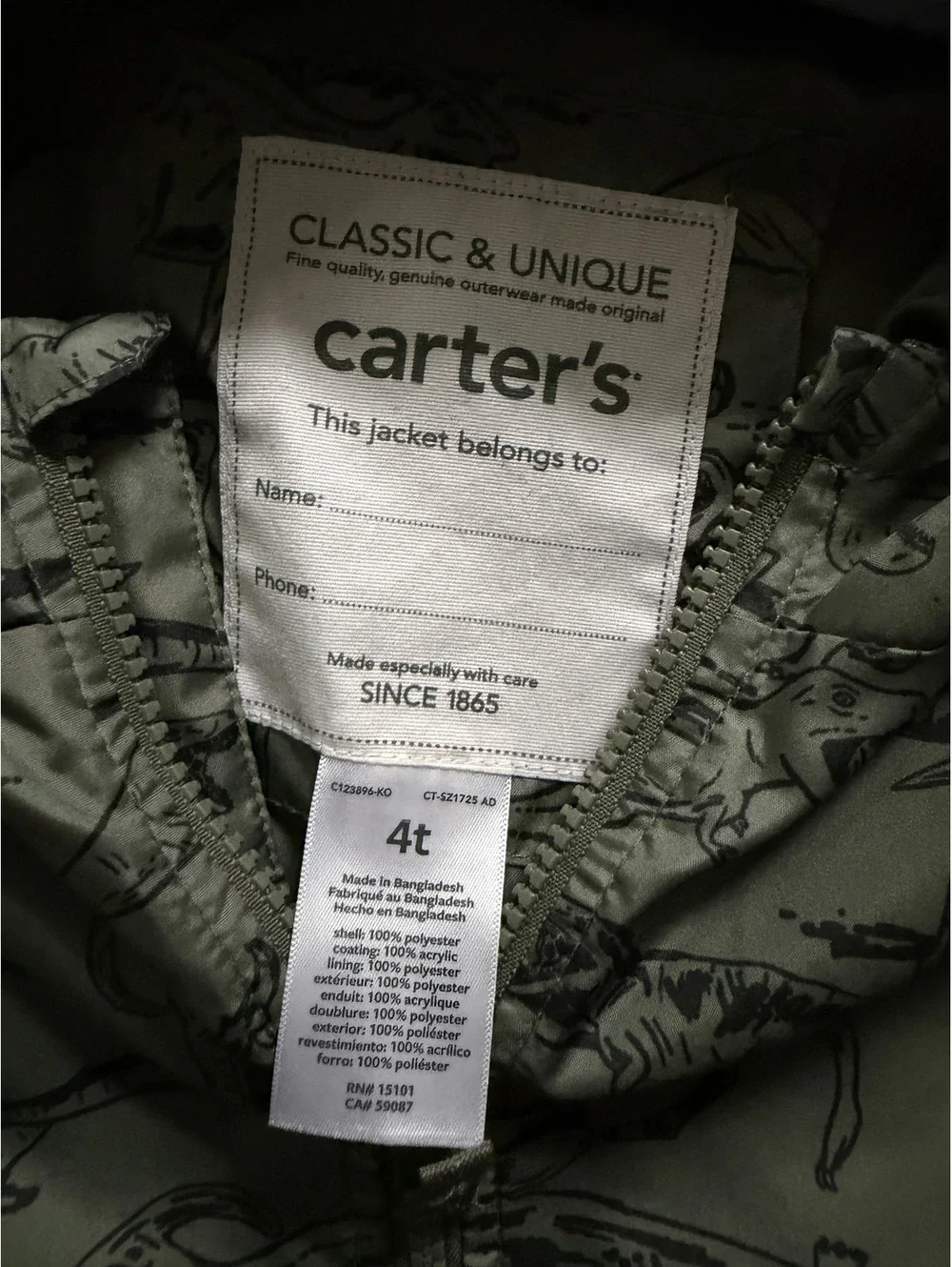 Carter's Olive Green Dinosaur Full Zip Hooded Windbreaker size 4T